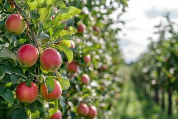 Obraz premium Apple trees filled with ripe fruit in a sunny orchard during the harvest season
