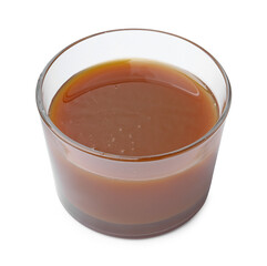 Tasty caramel sauce in glass bowl isolated on white