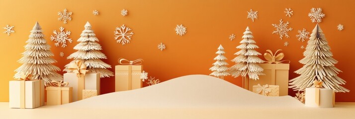 Crafted holiday card showcases beautiful cut-out trees and snowflakes, set against a warm orange background, evoking festive cheer. Generative AI