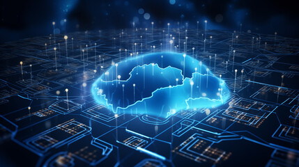 A digital representation of a brain overlaid on a circuit board, symbolizing artificial intelligence and technology integration.