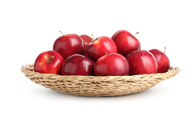 Fresh ripe red apples in wicker bowl isolated on white