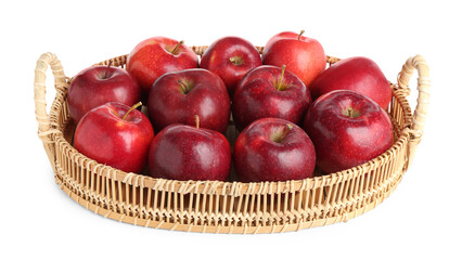 Fresh ripe red apples in wicker tray isolated on white