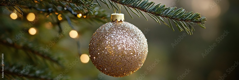 Aufkleber A golden Christmas ornament hangs from a pine branch, adding a touch of sparkle to the holiday decorations in a cozy setting. Generative AI