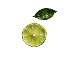 A sliced lime with a green leaf, highlighting freshness and zest.