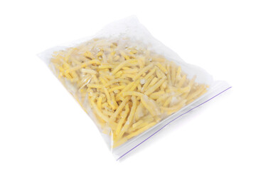 Frozen yellow beans in plastic bag isolated on white