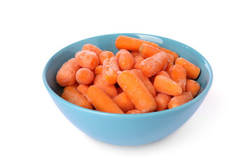 Frozen baby carrots in bowl isolated on white