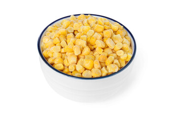 Frozen corn kernels in bowl isolated on white