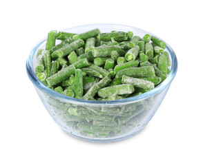 Frozen green beans in bowl isolated on white