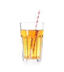 Tasty fresh apple juice in glass isolated on white