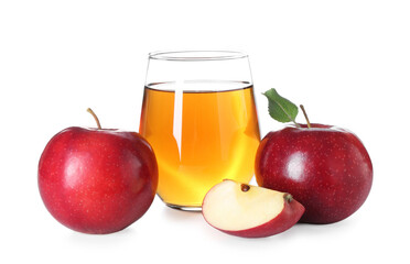 Tasty apple juice in glass and fresh fruits isolated on white