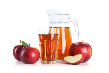 Tasty apple juice in glass, jug and fresh fruits isolated on white