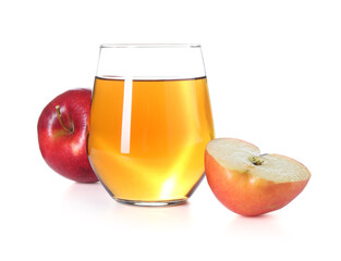 Tasty apple juice in glass and fresh fruits isolated on white