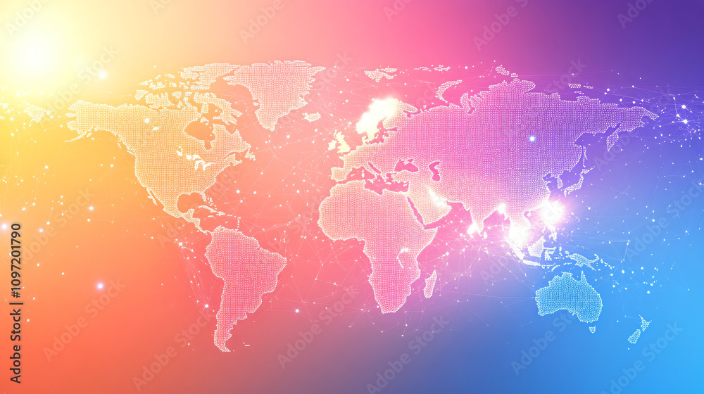Poster Colorful world map showing interconnected continents, representing global communication and data exchange