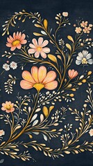 Floral background, hand-painted pink and cream flowers on a dark blue background, with copy space in the middle of the frame, in the style of digital art.
