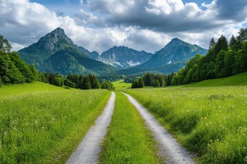 Scenic mountain landscape with a winding road through vibrant green fields