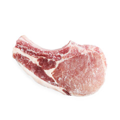 One frozen pork steak isolated on white, top view