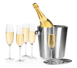 Champagne and bucket with ice isolated on white