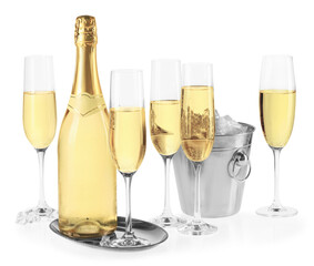 Champagne and bucket with ice isolated on white