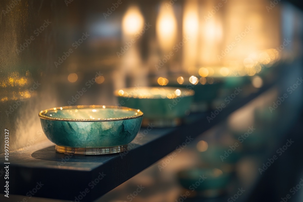 Poster a display of elegant green bowls with golden accents on a shelf, softly illuminated.
