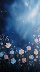 Floral background, hand-painted pink and cream flowers on a dark blue background, with copy space in the middle of the frame, in the style of digital art.