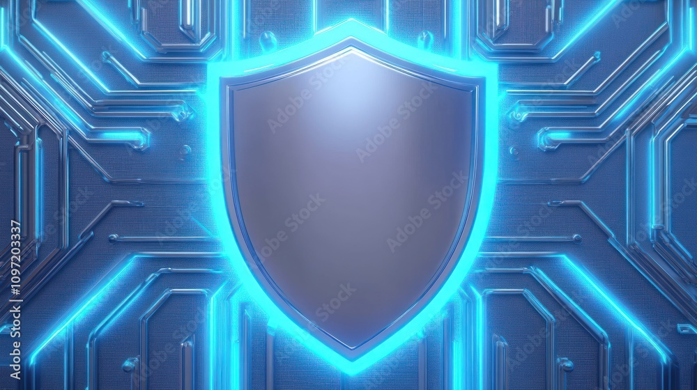 Poster a glowing shield on a circuit board background, symbolizing security and protection.