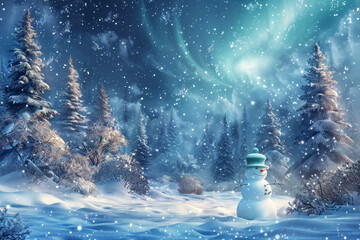Christmas snowman stands in a winter wonderland under a shimmering aurora borealis