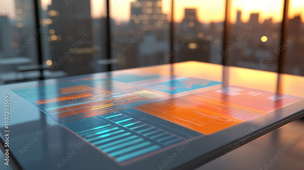 Poster A futuristic touchscreen interface displaying data against a city skyline backdrop.