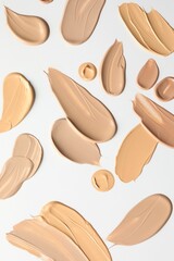 Samples of foundations on white background, top view