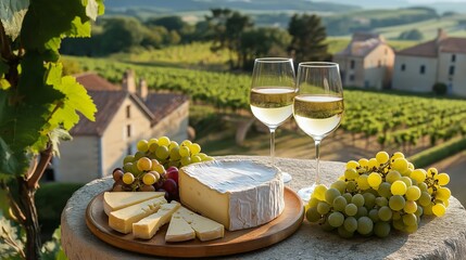 Various of cheeses on plates, fresh grapes, glasses of wine on table against backdrop of vineyard and old houses. French food and wine. Generative AI