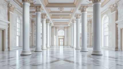 Obraz premium Palace with columns interior background, castle hall, classic ballroom illustration. Luxury wedding banquet room with arch window, marble column. Vintage palace interior. Generative AI