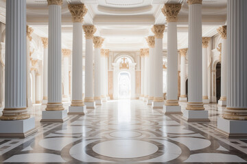 Obraz premium Palace with columns interior background, castle hall, classic ballroom illustration. Luxury wedding banquet room with arch window, marble column. Vintage palace interior. Generative AI