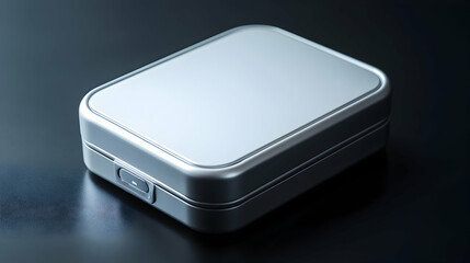 A sleek, silver rectangular box on a dark background, ideal for product packaging or presentation mockups.