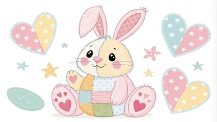 Obraz premium A playful rabbit ensemble featuring a patchwork of pastel colors splashed with stenciled hearts and stars accented with oversized pink paws and a fluffy tail.