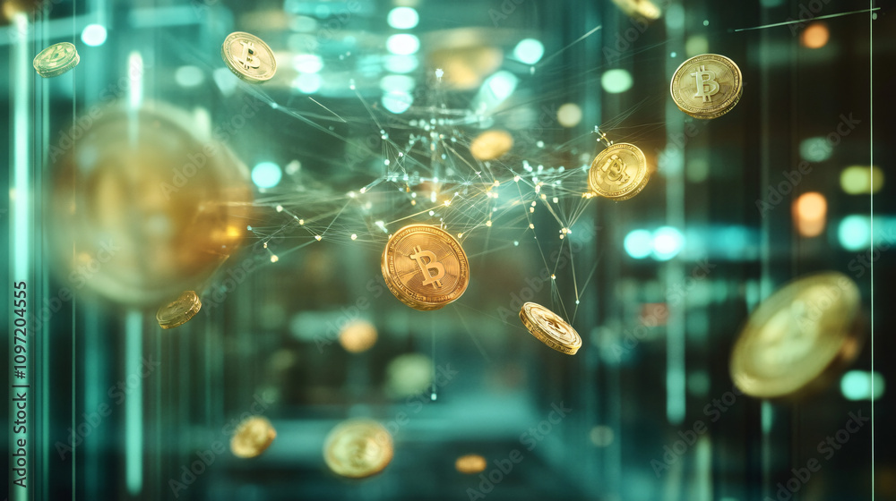 Aufkleber Bitcoin cryptocurrency coins floating and rotating in a network of cyberspace connections within a server room