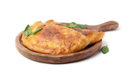 Tasty calzones with basil isolated on white