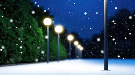 Fototapeta premium Soft snow falling along a quiet street with warm light from lamps