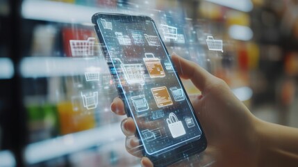 A shopper confirming an online order on a smartphone, with animated shopping cart icons and credit card information hovering in augmented reality