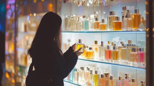 A shopper grabbing discounted luxury perfumes from a beautifully arranged display