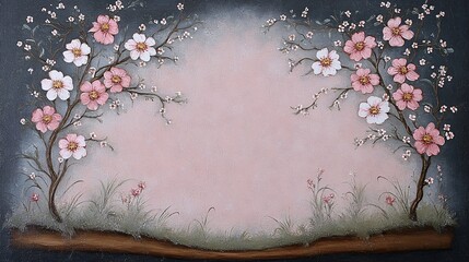 Floral background, hand-painted pink and cream flowers on a dark blue background, with copy space in the middle of the frame, in the style of digital art.