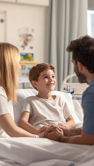 Fototapeta premium A child on a hospital bed with supportive parents by their side, highlighting family care and emotional support in a bright medical setting. 
