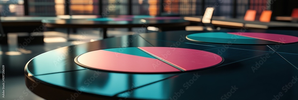 Aufkleber a modern workspace featuring pie charts on tables, suggesting collaboration and analysis.