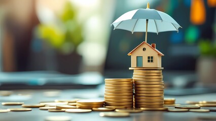 A Miniature House on Golden Coins, Protected by an Umbrella, Symbolizes Home Insurance and Financial Security for Homeowners