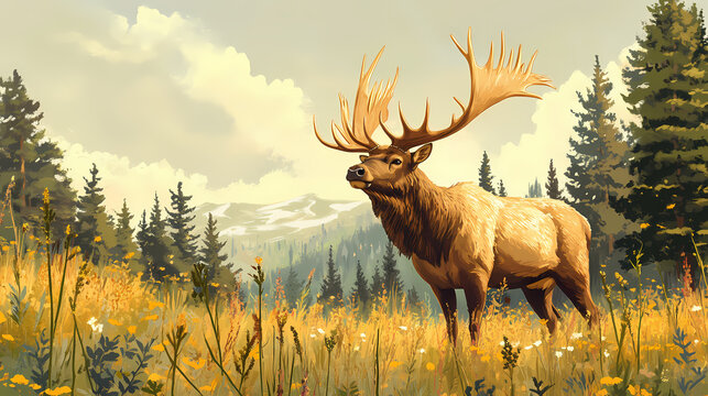 Male horned elk moose alces in summer field on forest background close up, ideal for nature, wildlife, outdoor themes, copy space for text. Majestic Elk Forest. Illustration
