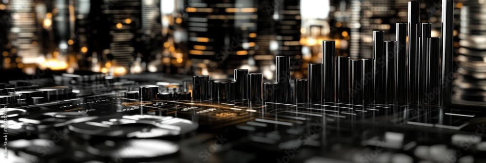 Poster A futuristic cityscape with digital elements and data visualization.