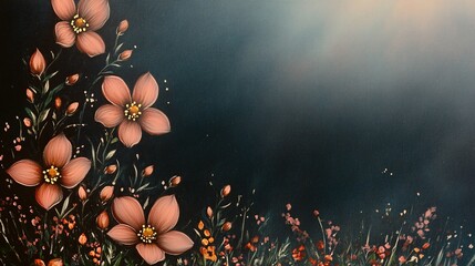 Floral background, hand-painted pink and cream flowers on a dark blue background, with copy space in the middle of the frame, in the style of digital art.