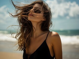 Naklejka premium Beautiful woman with fluttering hair on the beach