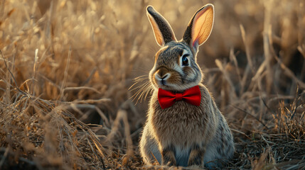 Obraz premium Adorable rabbit with a red bow tie sitting in a golden field of dry grass, creating a charming and whimsical scene
