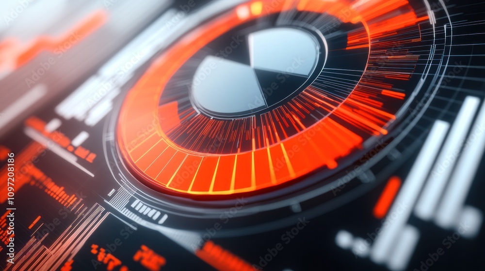 Poster Abstract digital interface with red and black circular data visualization elements.