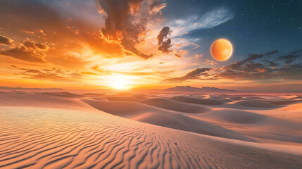 Dramatic scenery of a giant planet rising over white sand dunes with ripple textures under a vibrant sunset