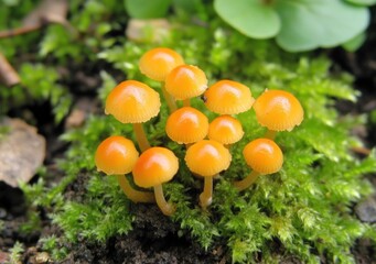 A cluster of small orange mushrooms growing on green moss in a natural setting.